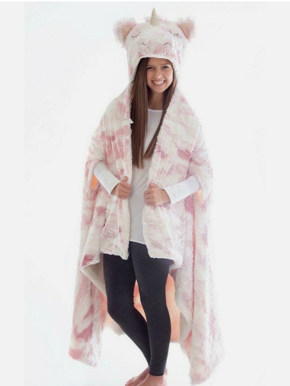 Pink Faux Fur Hooded Wearable Blanket with Animal Ears - Unicorn
